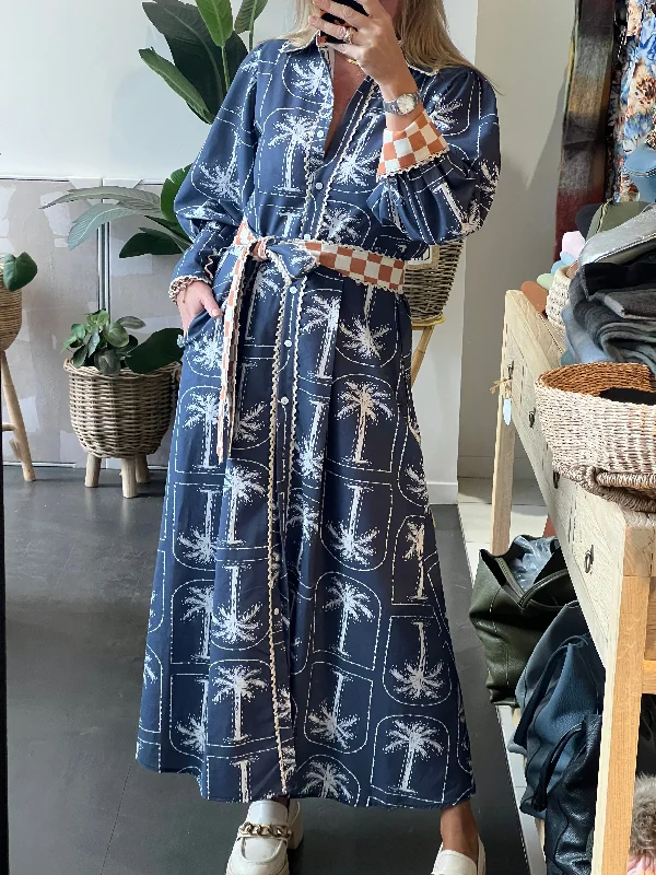 Maxi dress with voluminous sleeves-Palm long Sleeve Shirt Maxi Dress