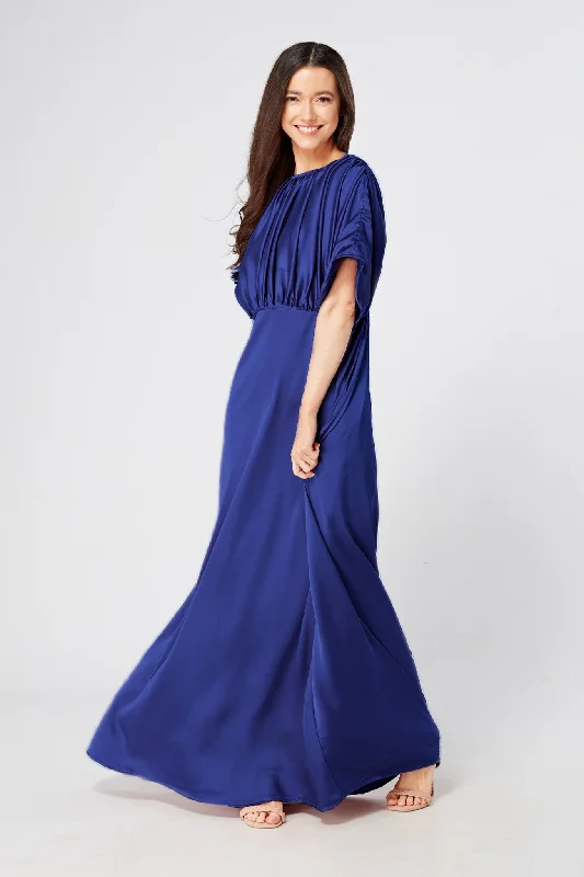 Maxi dress with animal motifs-Josephine Cobalt Blue Satin Maxi Dress