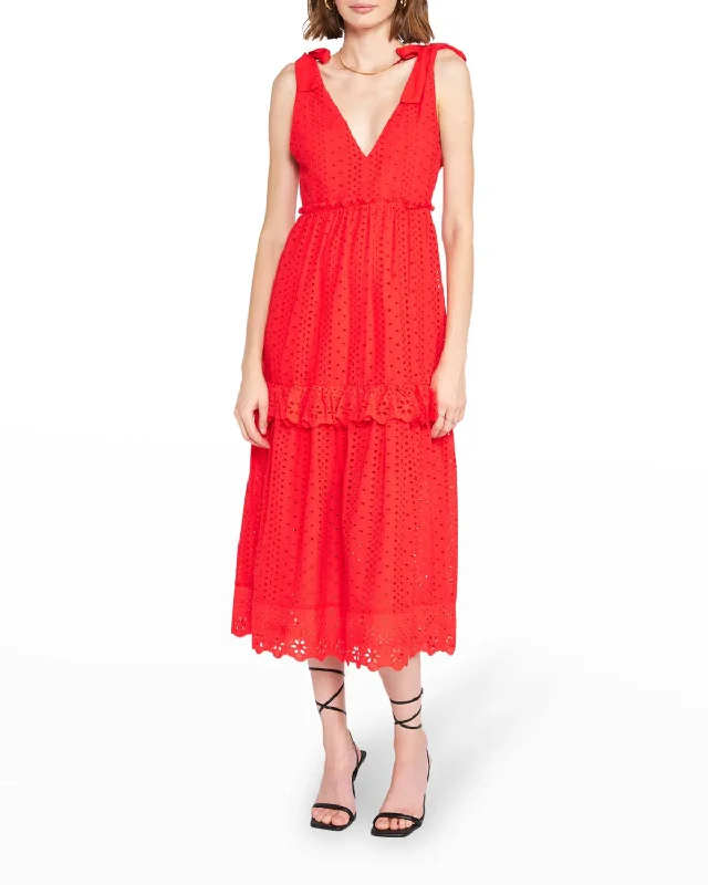 Midi dress for beach vacation-Eyelet Midi Dress In Red