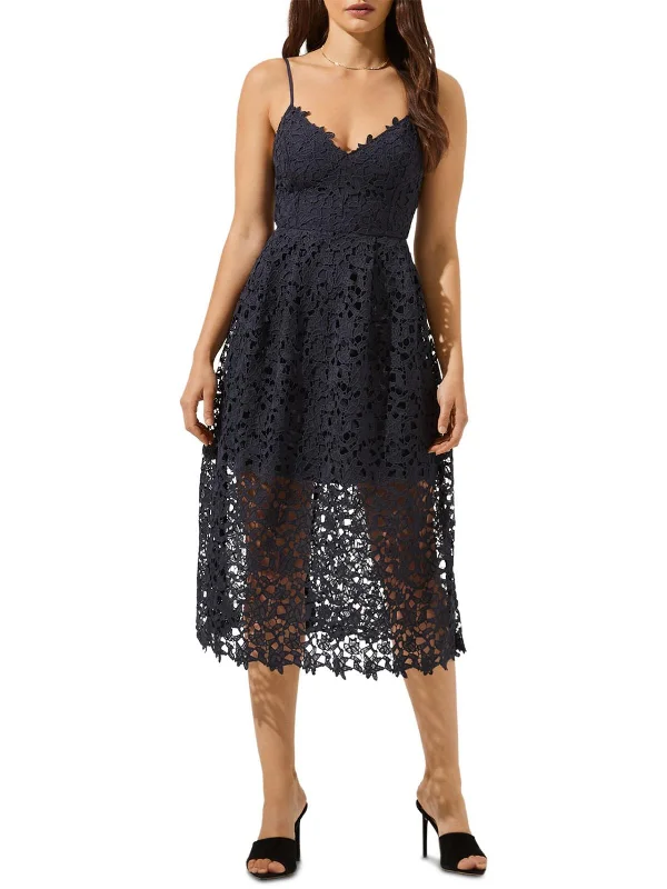 Midi dress with modern design-Womens Lace Overlay V Neck Midi Dress