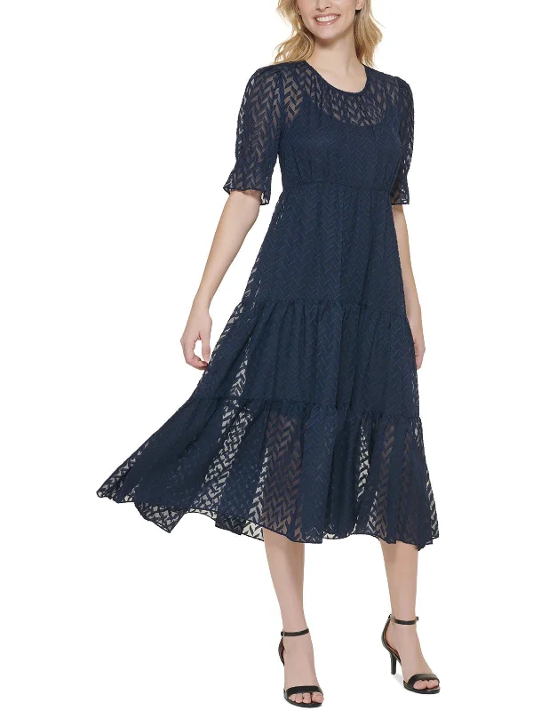 Midi dress with boho style-Womens Tiered Elbow Sleeves Midi Dress