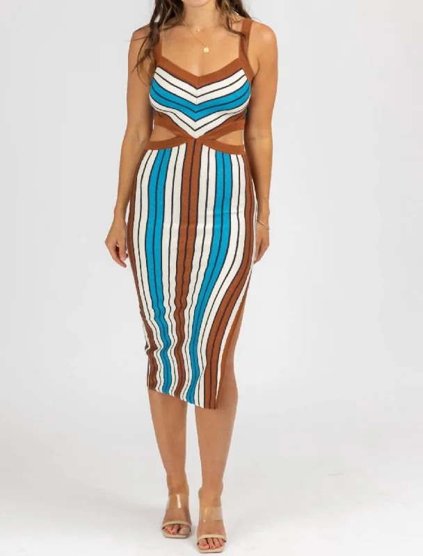 Midi dress with utility style-Multistripe Cutout Knit Midi Dress In Brown