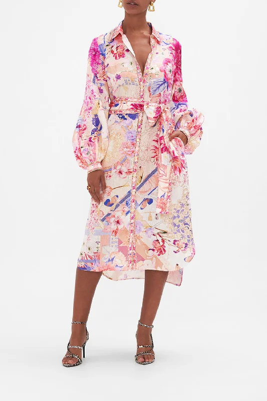 Midi dress with frilly details-HIGH LOW MIDI SHIRT DRESS ROSE BED RENDEZVOUS