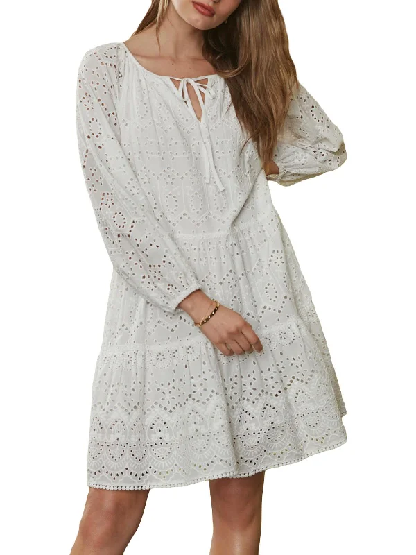 Midi dress with lace details-Womens Cotton Eyelet Midi Dress