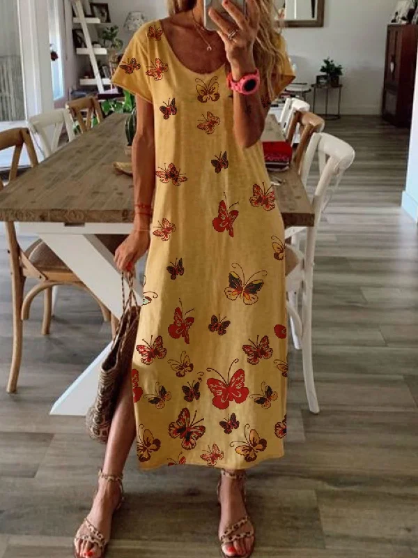 Maxi dress with romantic style-Printed Summer Maxi Dress Crew Neck  Dresses