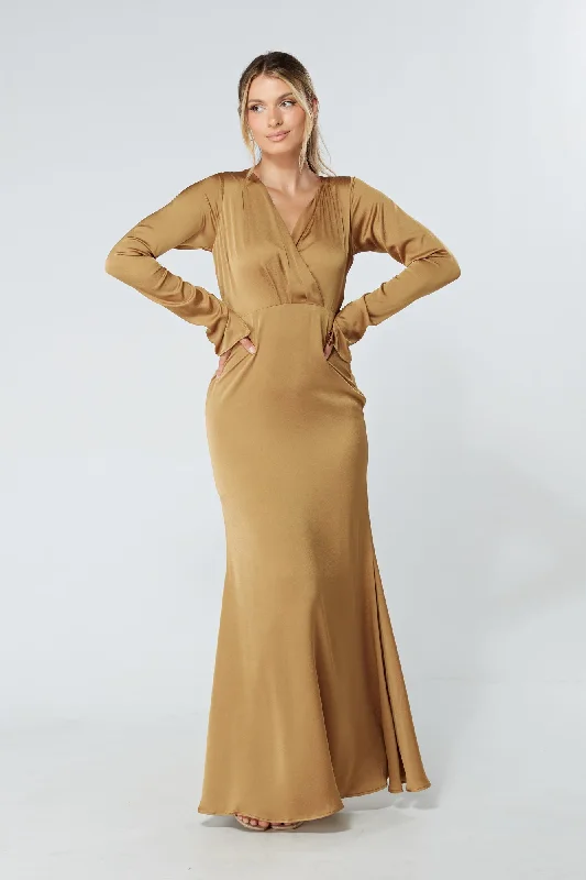 Maxi dress with classic stripes-Alessandra Gold Satin Crepe Maxi Dress