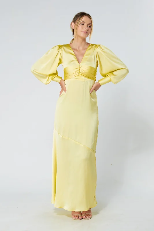 Maxi dress with tulip hem-Naomi Yellow Satin Maxi Dress