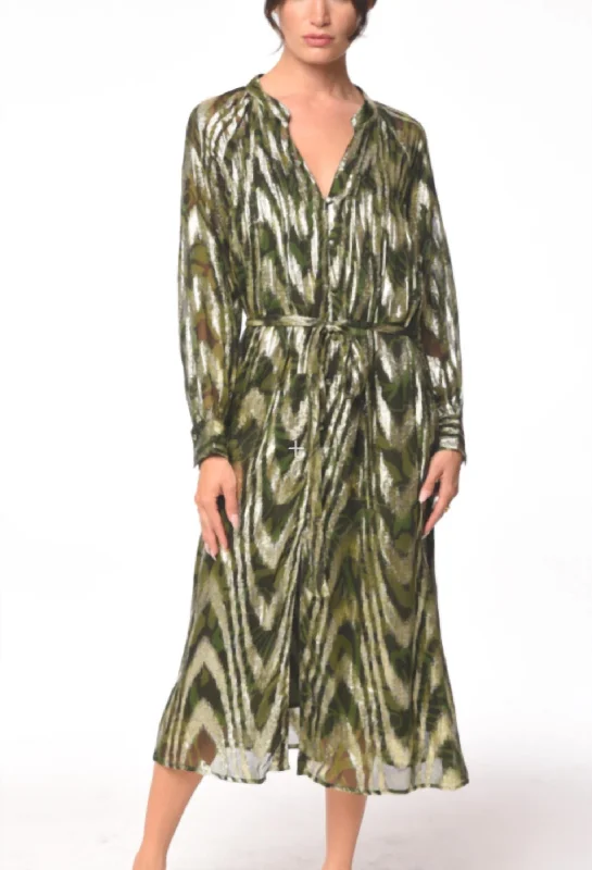 Midi dress with cold shoulder-Seneca Metallic Midi Shirtdress In Green Multi