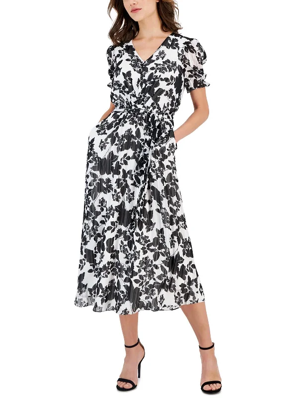 Midi dress with glam touch-Womens Floral Print V-Neck Midi Dress