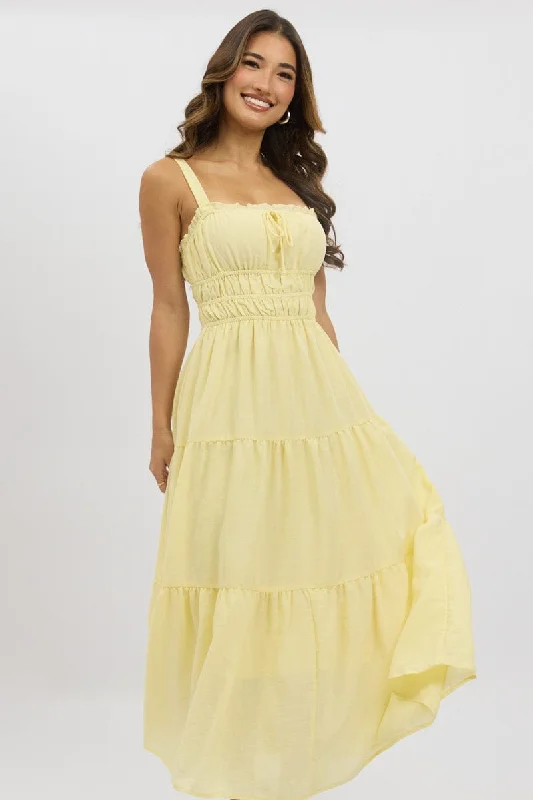 Maxi dress with bell sleeves-Yellow Maxi Dress Strappy Tiered