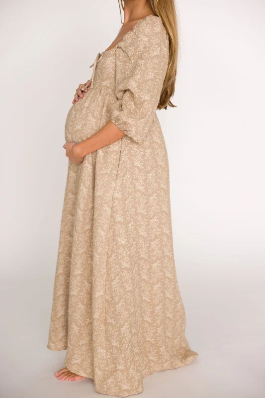 Maxi dress with drawstring waist-Peyton 100% Cotton Maxi Dress in Mocha Floral