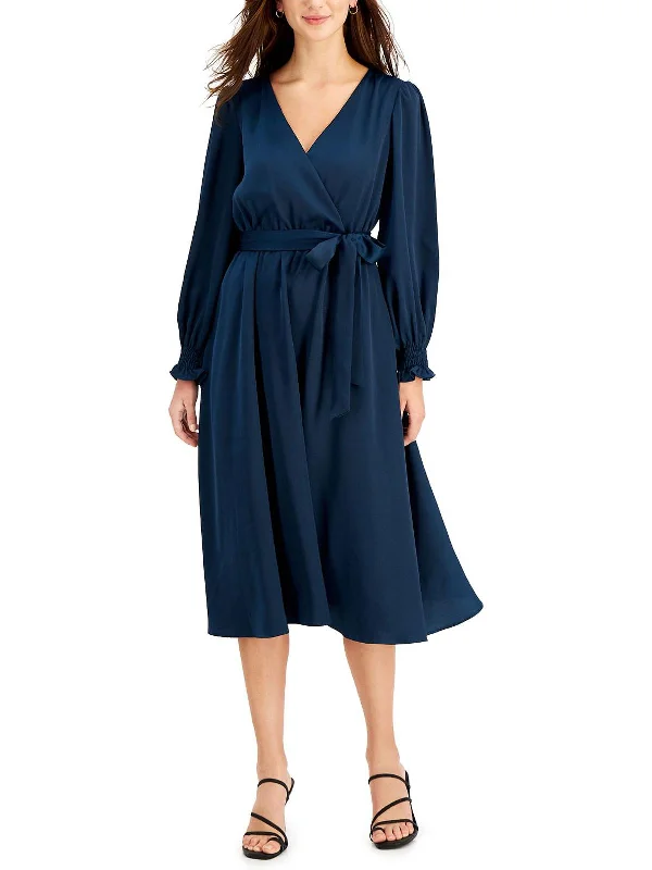 Midi dress with formal elegance-Womens Satin Long Sleeves Midi Dress