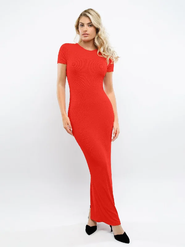 Maxi dress with illusion sleeves-Shapewear Modal Short Sleeve Mock Neck Slimming Maxi Dress