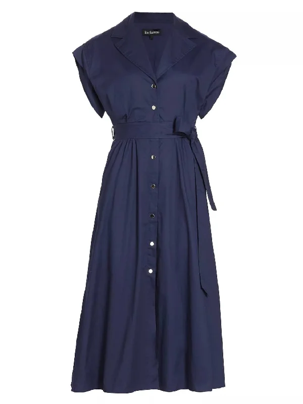 Midi dress with formal elegance-Cotton Poplin Midi Shirtdress In Navy Blue