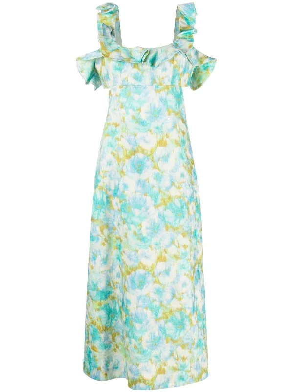 Midi dress with nautical theme-Zimmermann High Tide Frilled Midi Aqua Ikat Floral