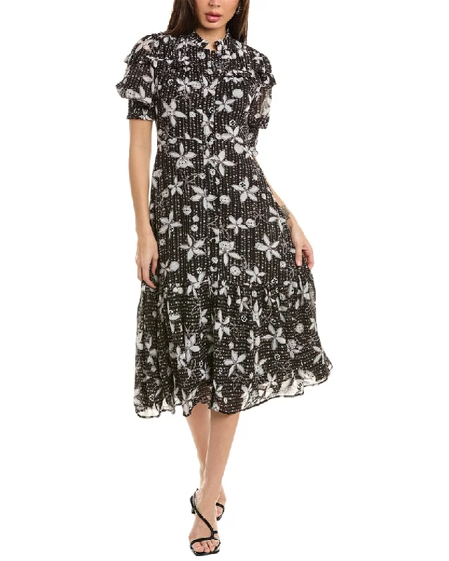 Midi dress with eyelet fabric-Gracia Floral Print Flounce Midi Dress