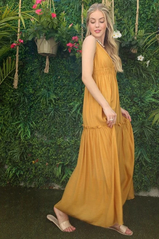 Maxi dress with elastic waistband-Lilou Low Cut Mustard Yellow Tank Dress