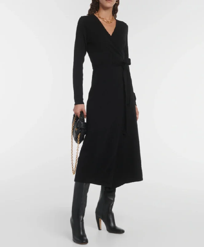 Midi dress with neon colors-Diane Von Furstenberg Dvf Women Astrid Wool Cashmere Wrap Midi Dress Black