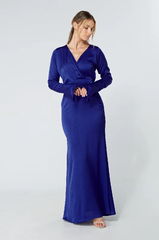 Maxi dress with button front-Alessandra Cobalt Blue Satin Crepe Maxi Dress