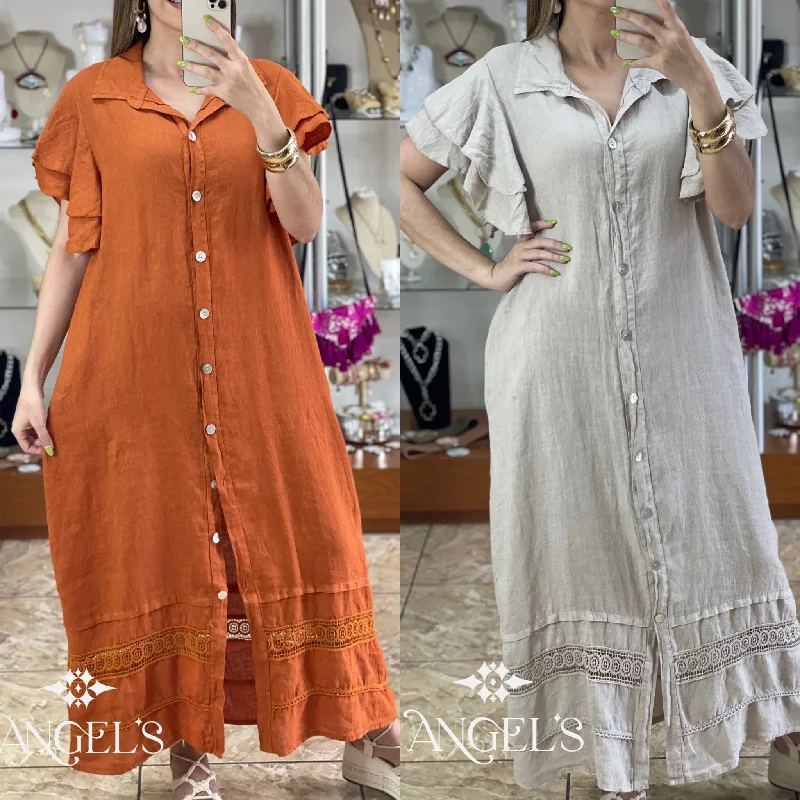 Maxi dress with fringe details-Linen OS Maxi With Trim Details Dress