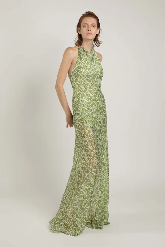 Maxi dress with casual comfort-Marwa Halter Neck Maxi Dress W. Open Back Green Print Floral