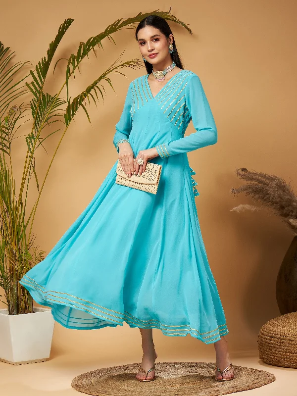 Maxi dress with bold colors-Women Blue Gota Lace Detail Anarkali Maxi Dress