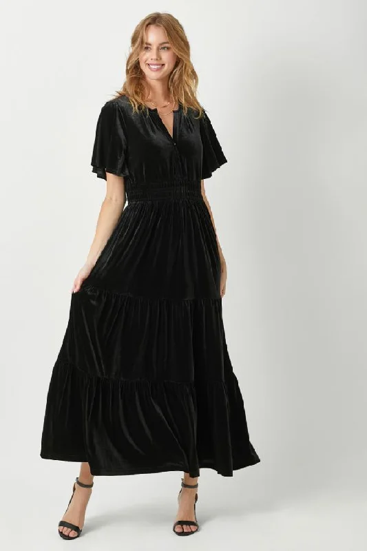 Maxi dress with bell sleeves-Ruffle Sleeve Velvet Maxi Dress