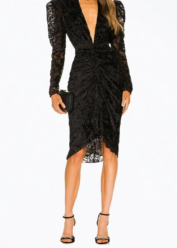 Midi dress with sheer panels-Sade Ruched Velvet-Jacquard Midi Dress in Black