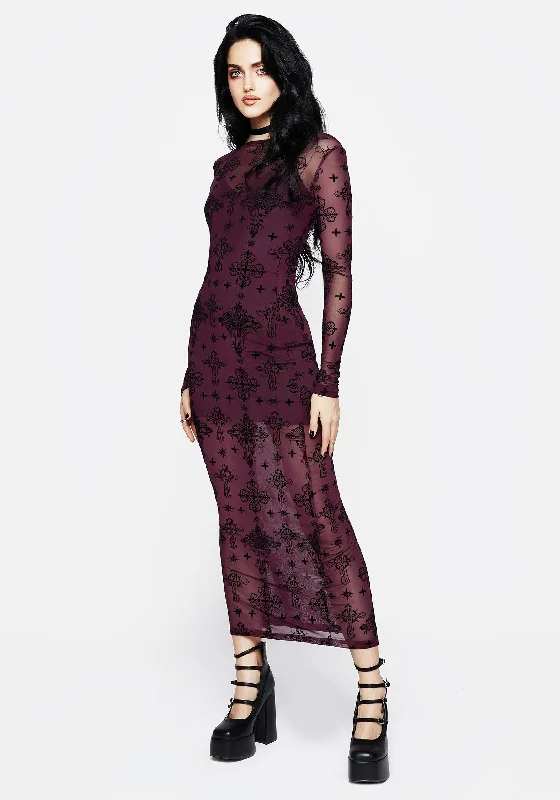 Maxi dress with cool tones-Priestess Flocked Mesh Maxi Dress - Purple