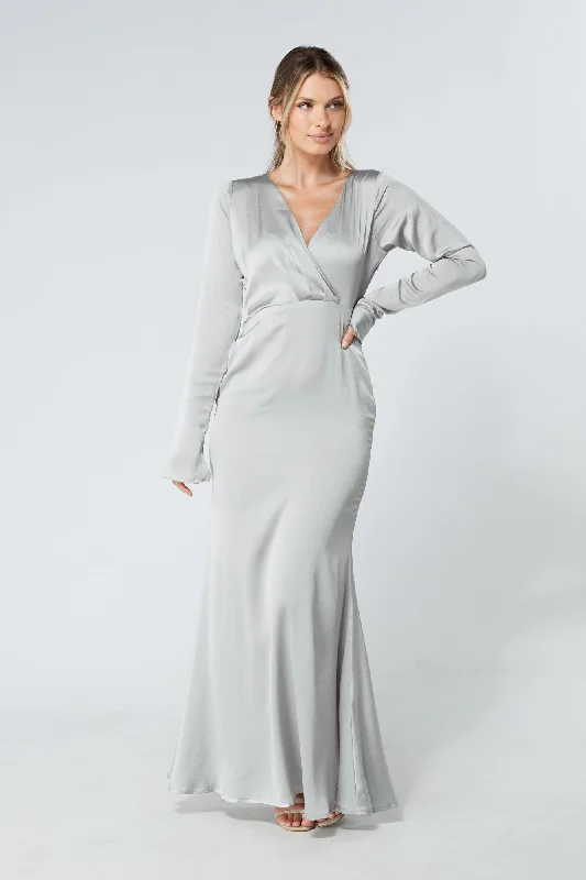 Maxi dress with casual comfort-Alessandra Silver Satin Crepe Maxi Dress