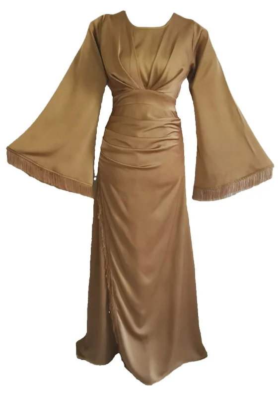 Maxi dress with halter neck-Amaya Dark Gold Maxi Dress With Wide Sleeves