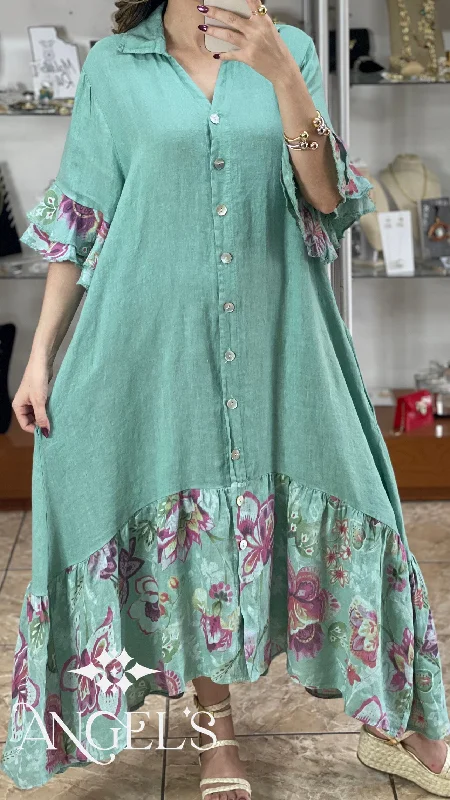 Maxi dress with embroidered flowers-Linen Maxi OS Floral Details