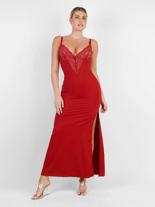 Maxi dress with vintage inspiration-Shapewear Lace V Neck Side Slit Slimming Maxi Slip Dress