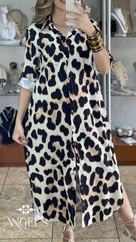 Maxi dress for beach vacation-Button Down Leopard Maxi Dress