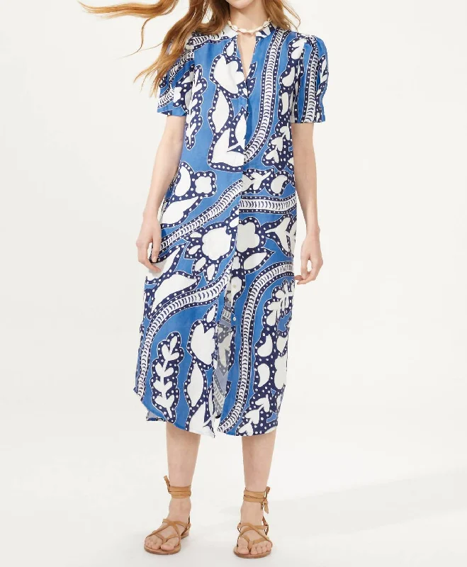 Midi dress with sweetheart neckline-Athina Midi Linen Dress In Mykonos Blue