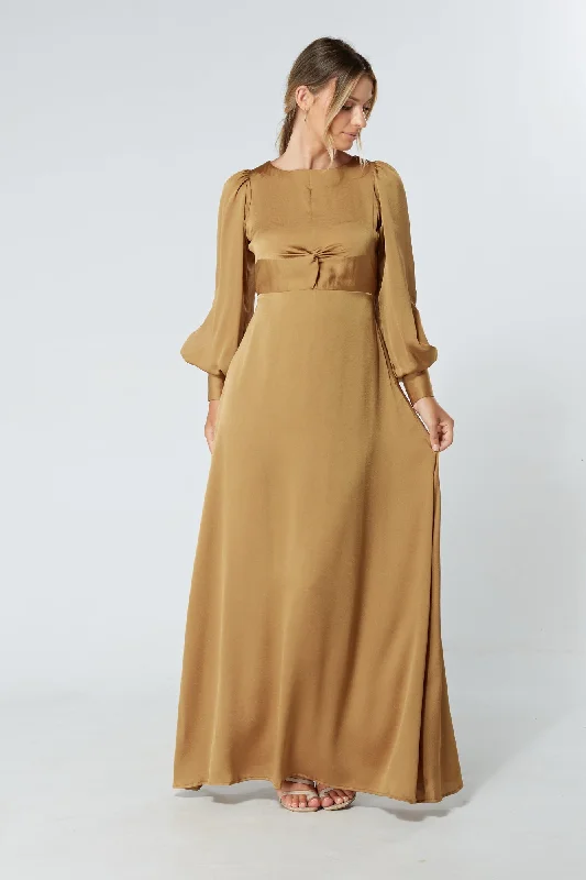 Maxi dress with tie waist-Lila Gold Knotted Front Maxi Dress