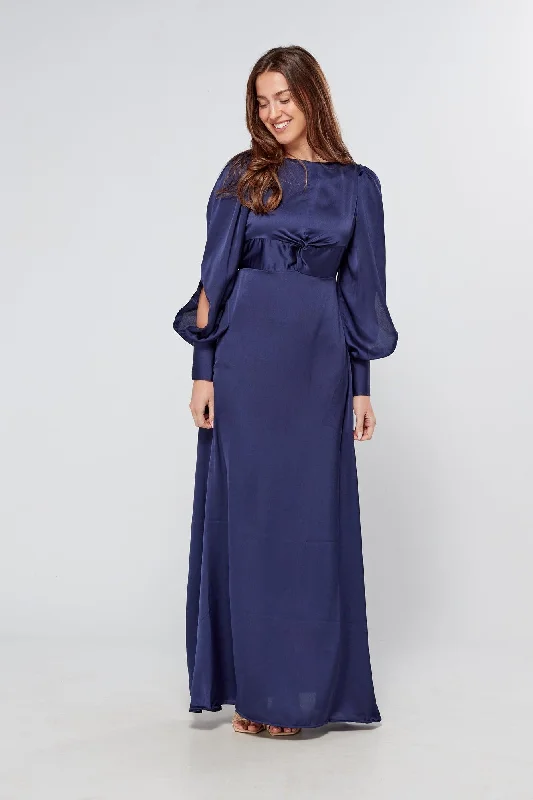 Maxi dress with draped bodice-Romy Knotted Front Navy Maxi Dress