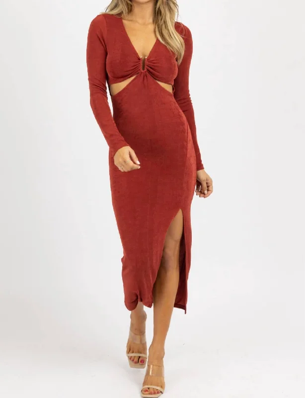 Midi dress with glitter accents-Cutout Slinky Side Slit Midi Dress In Wine