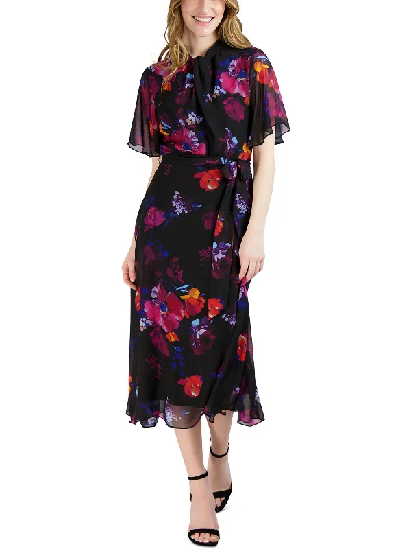 Midi dress with funky flair-Womens Floral Print Mid-Calf Midi Dress