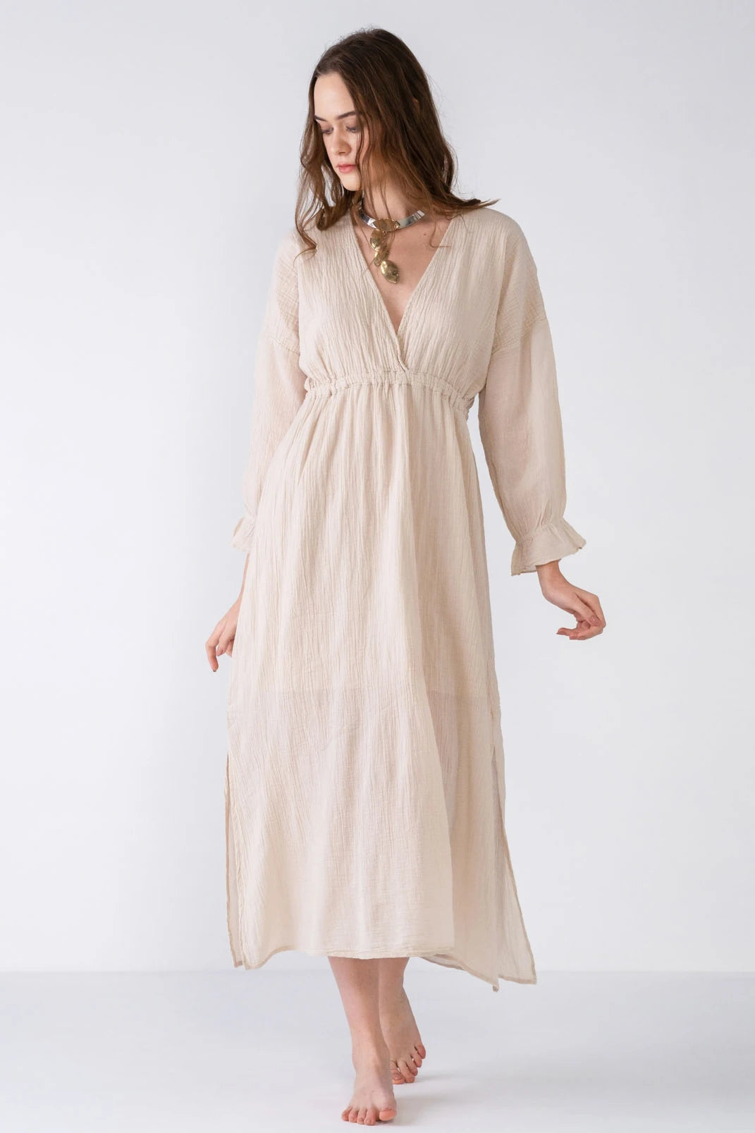 Maxi dress with cap sleeves-V-Neck Cotton Maxi Dress - Natural Beige