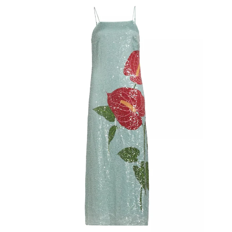 Maxi dress with modern design-Farm Rio Womens Slip Maxi Dress Anthurium Flowers Blue