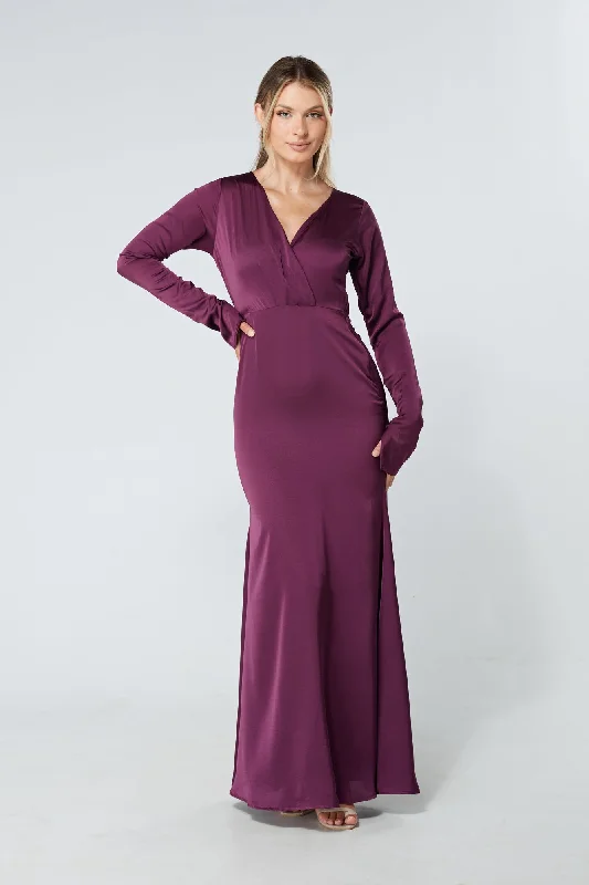 Maxi dress with bow accents-Alessandra Purple Satin Crepe Maxi Dress