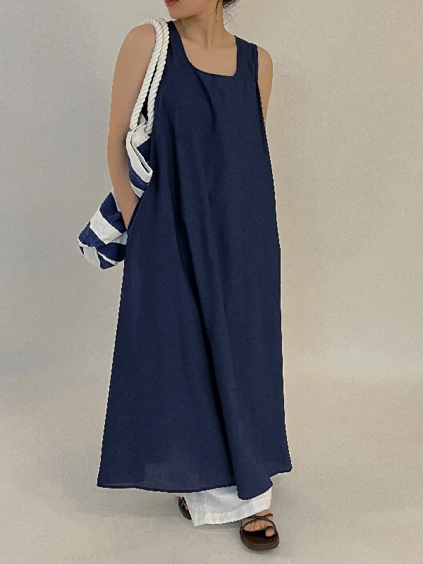 Maxi dress with lace-up front-Woman Non-Sleeves Maxi Navy Dress by Kaja Clothing - Nora Dress