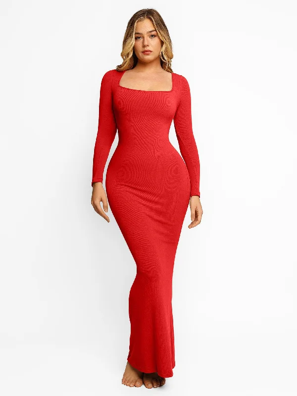 Maxi dress with iridescent finish-Shapewear Square Neck Long Sleeve Slimming Modal Maxi Dress