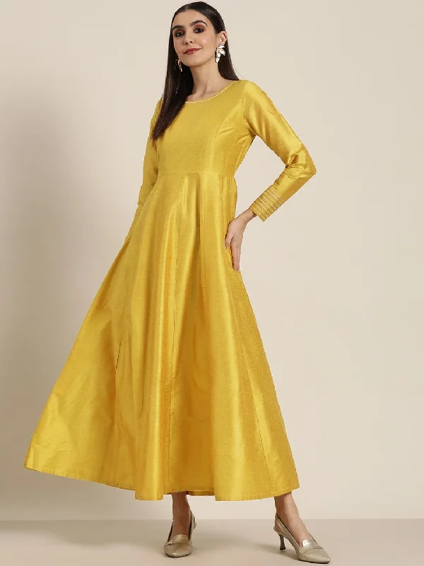 Maxi dress with bow accents-Women Mustard Gota Detail Anarkali Maxi Dress