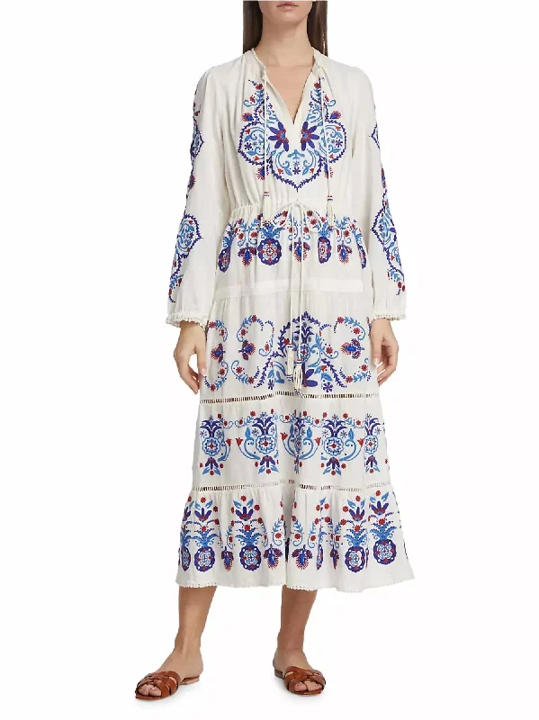 Midi dress with puff sleeves-Linen-Blend Embroidered Midi Dress In Off-White Navy