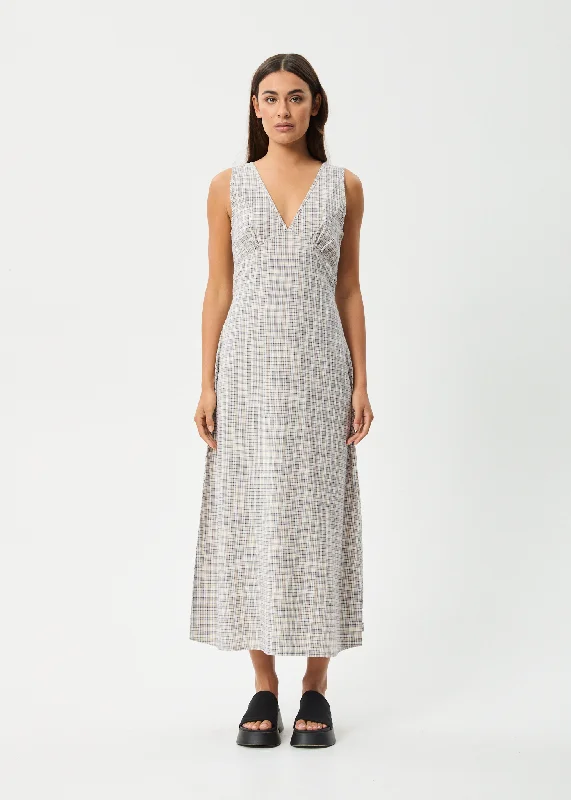 Maxi dress with cap sleeves-AFENDS Womens Drew - Seersucker Maxi Dress - Taupe Check