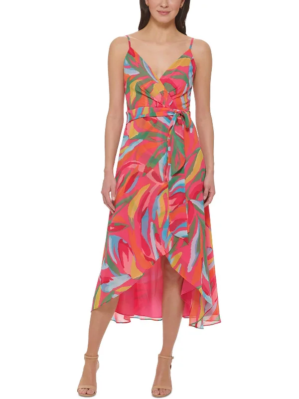 Midi dress for wedding guests-Womens Printed Chiffon Midi Dress