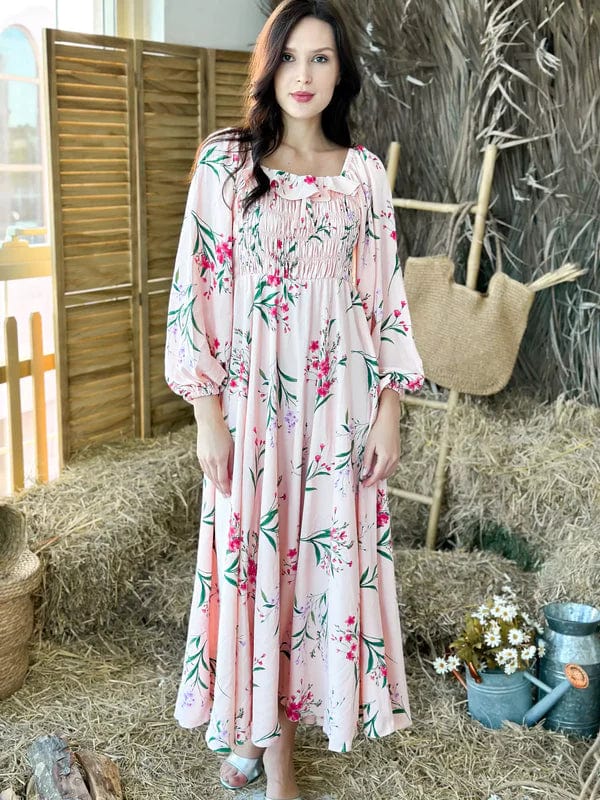 Elegant black maxi dress-Brenda Peach Floral Long Dress