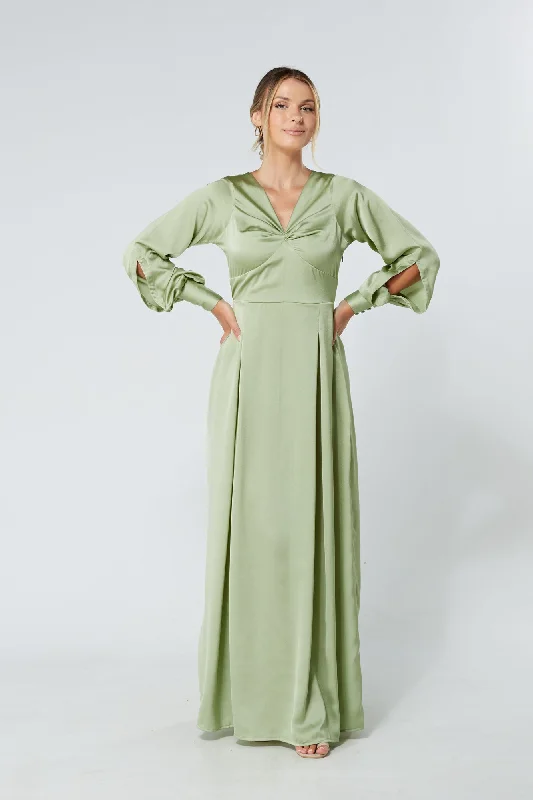 Maxi dress with boho style-Delilah Olive Satin Maxi Dress